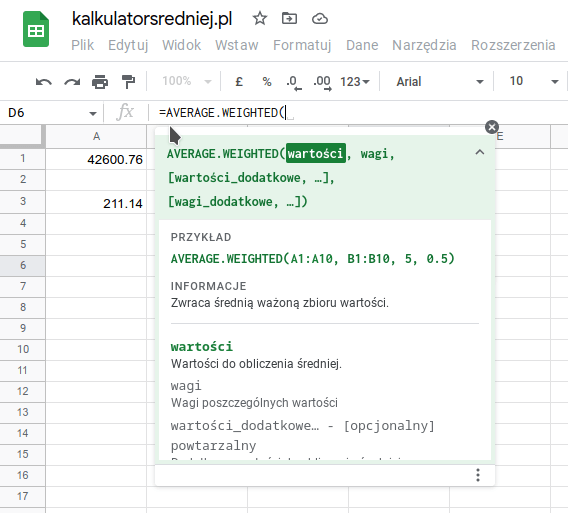 AVERAGE.WEIGHTED w Arkuszach Google